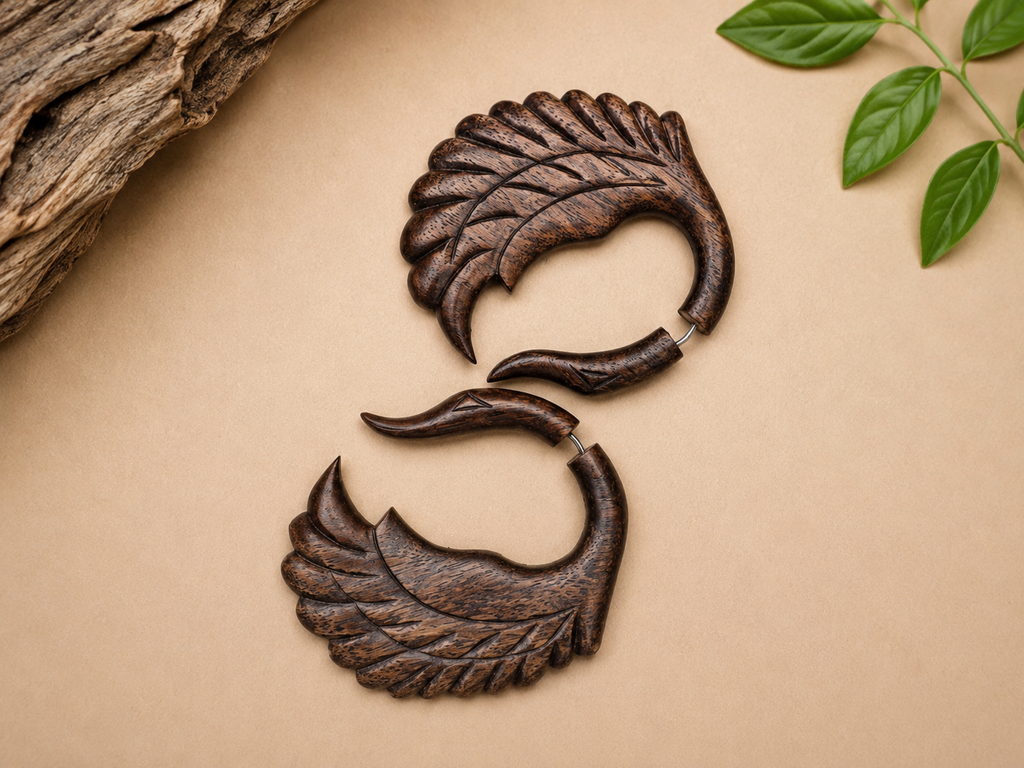 Handcrafted Wooden Angel Wing Ear Gauge Earrings