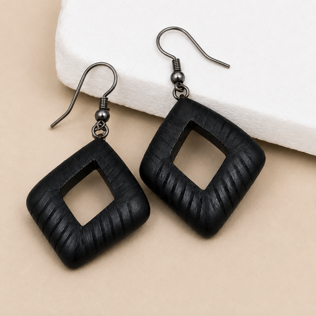 Carved Wood Dangles Earrings
