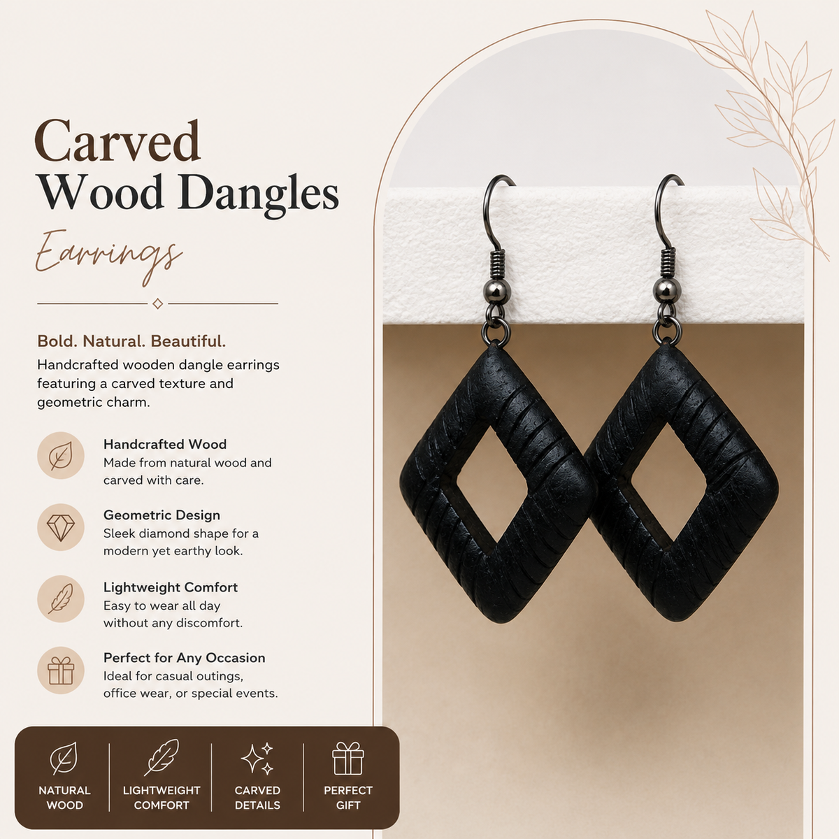Carved Wood Dangles Earrings