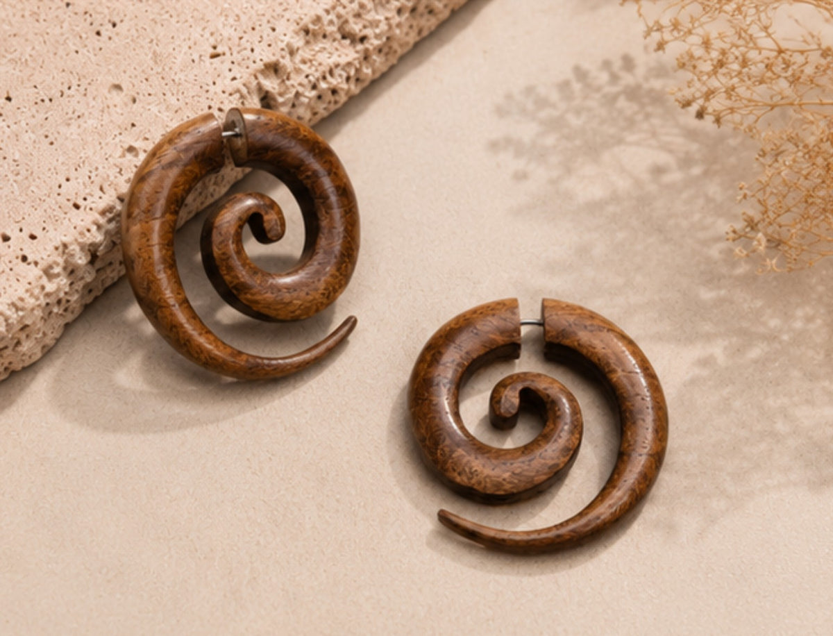 Handcrafted Wooden Spiral Ear Gauge Earrings