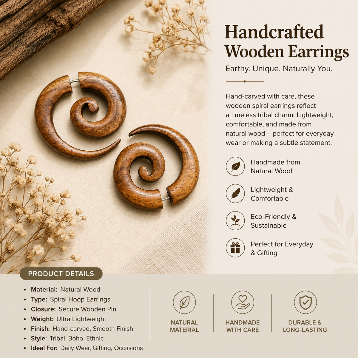 Handcrafted Wooden Spiral Ear Gauge Earrings