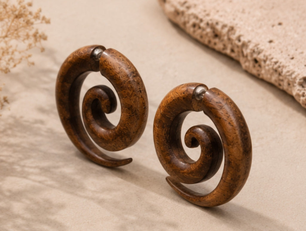 Handcrafted Wooden Spiral Ear Gauge Earrings
