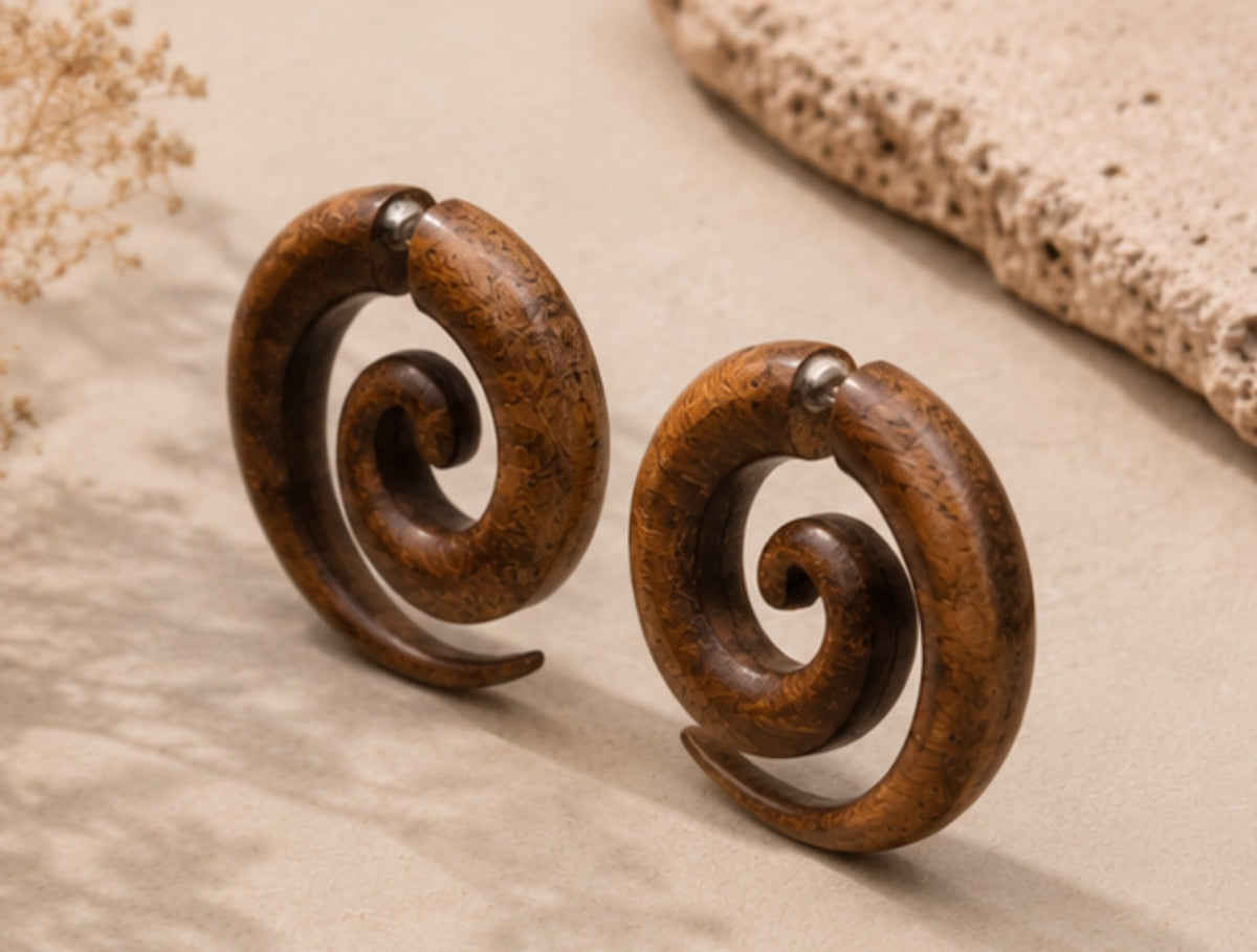 Handcrafted Wooden Spiral Ear Gauge Earrings