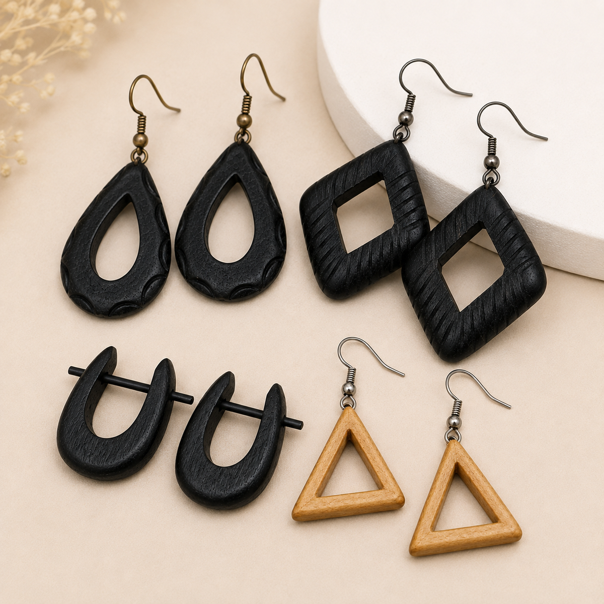 Black & Natural Wooden Earrings – 4-Piece Combo 🖤🤎