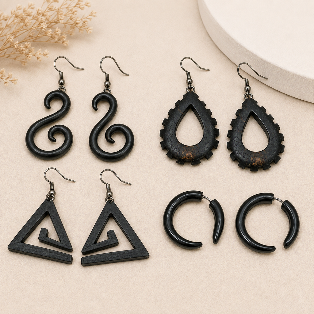 Black Wooden Statement Earrings – 4-Piece Combo 🖤