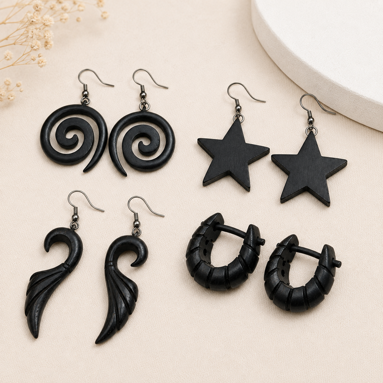Black Statement Wooden Earrings – 4-Piece Combo