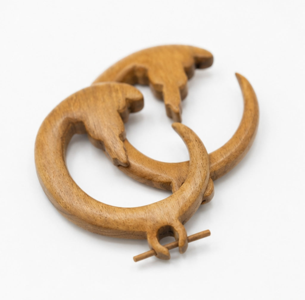 Handcrafted Wooden Crescent Moon Spiral Earrings