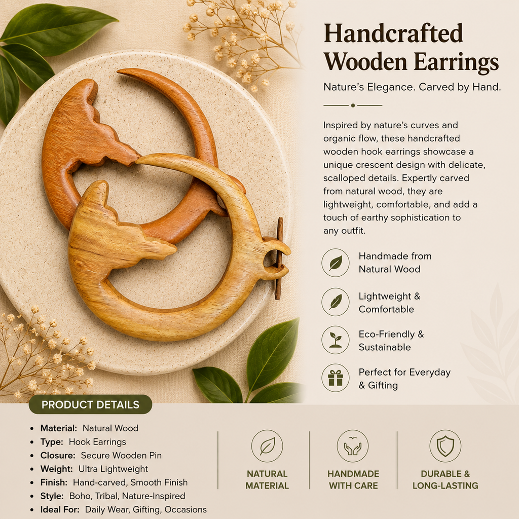 Handcrafted Wooden Crescent Moon Spiral Earrings