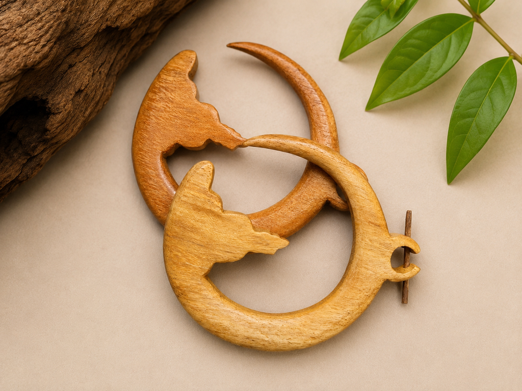 Handcrafted Wooden Crescent Moon Spiral Earrings