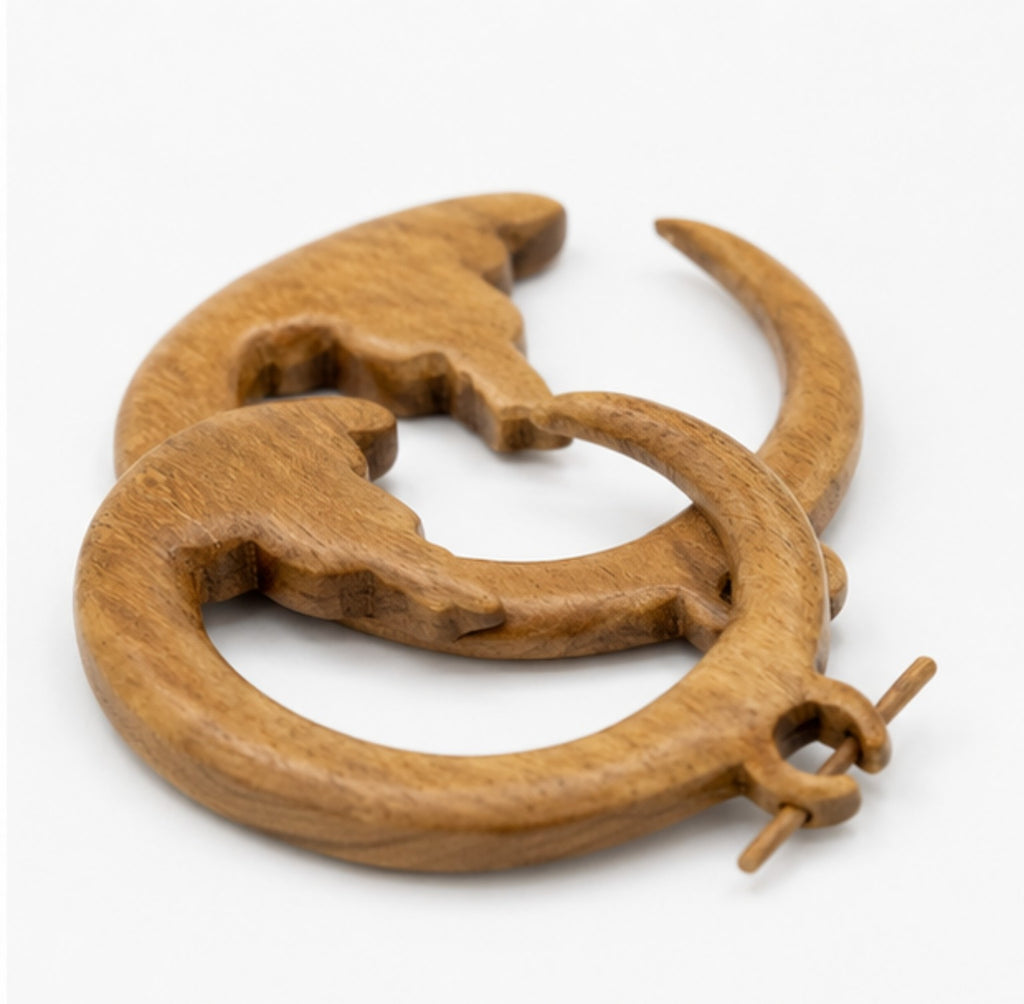 Handcrafted Wooden Crescent Moon Spiral Earrings