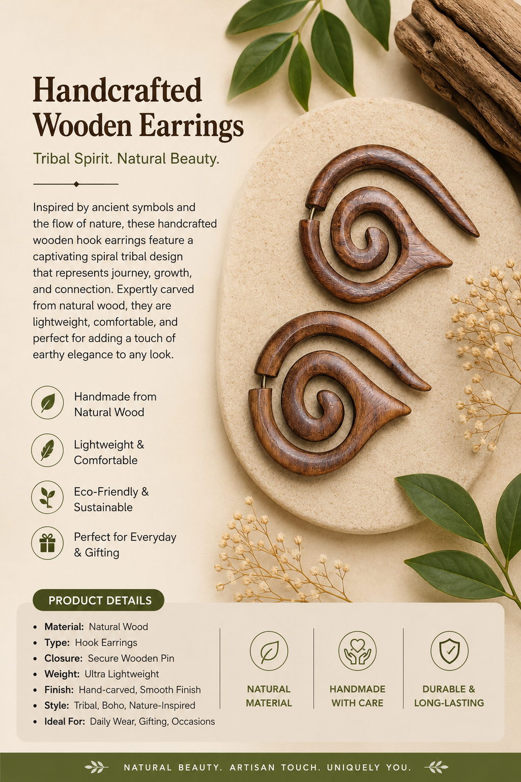 Handcrafted Wooden Spiral Ear Gauge Earrings