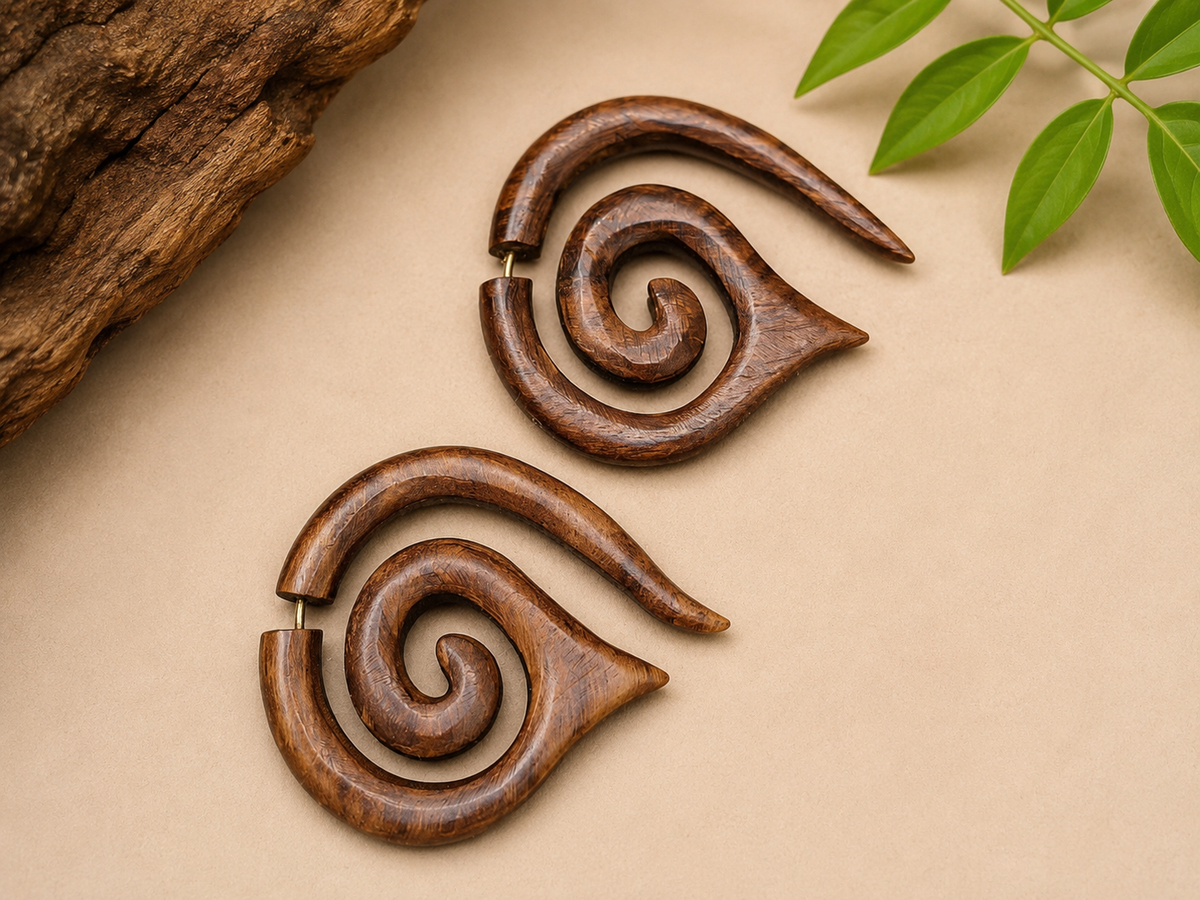 Handcrafted Wooden Spiral Ear Gauge Earrings