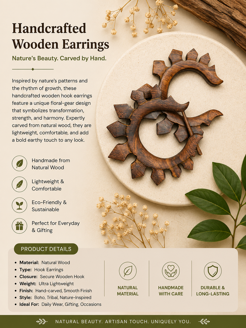 Handcrafted Wooden Gear Wheel Ear Gauge Earring