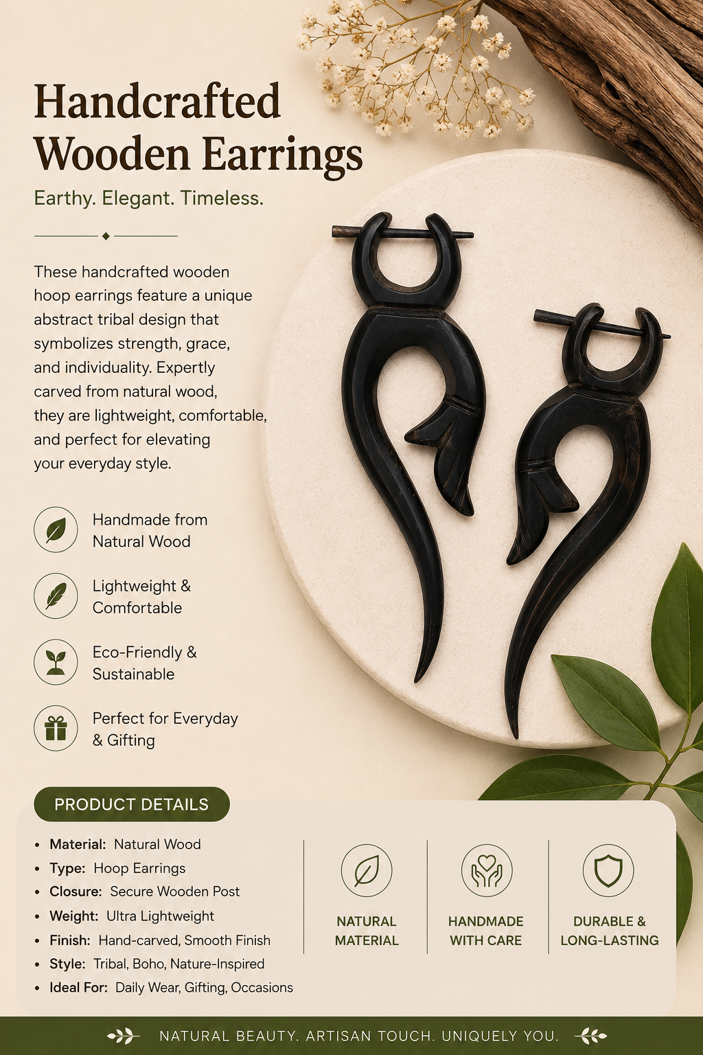 Handcrafted Wooden Tribal Fang Ear Gauge Earrings