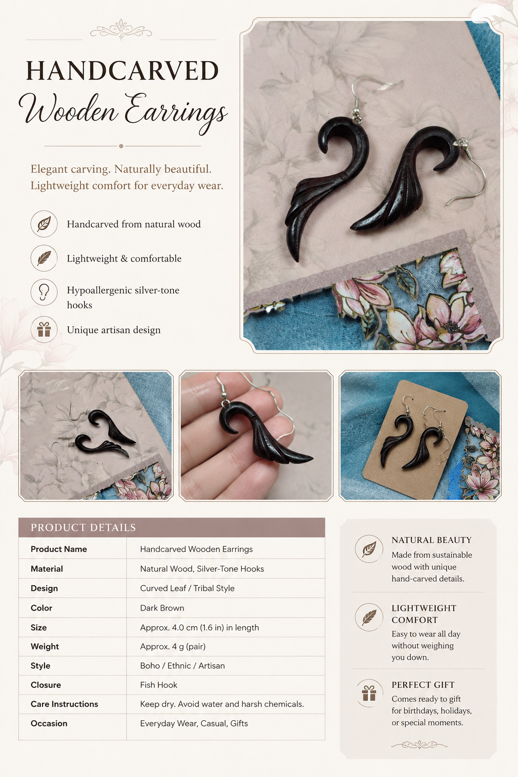 Handcarved Wooden Earrings