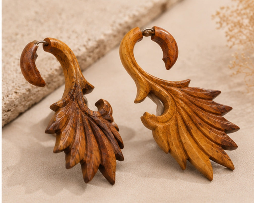Handcrafted Wooden Feather Wing Ear Gauge Earrings