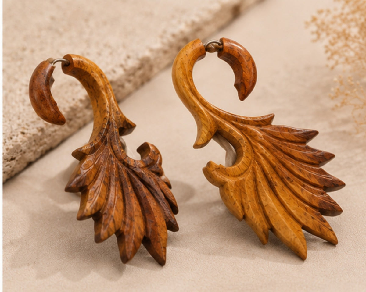 Handcrafted Wooden Feather Wing Ear Gauge Earrings