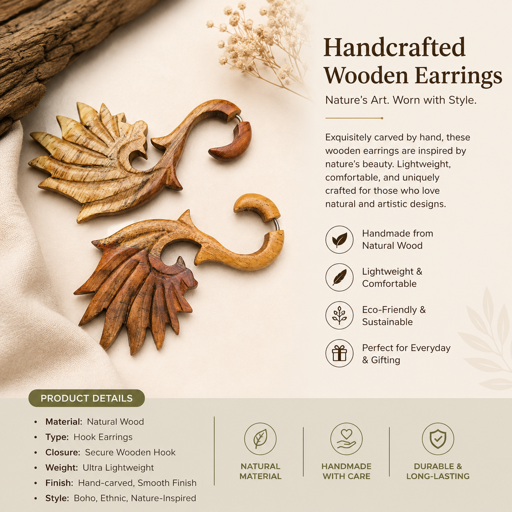 Handcrafted Wooden Feather Wing Ear Gauge Earrings