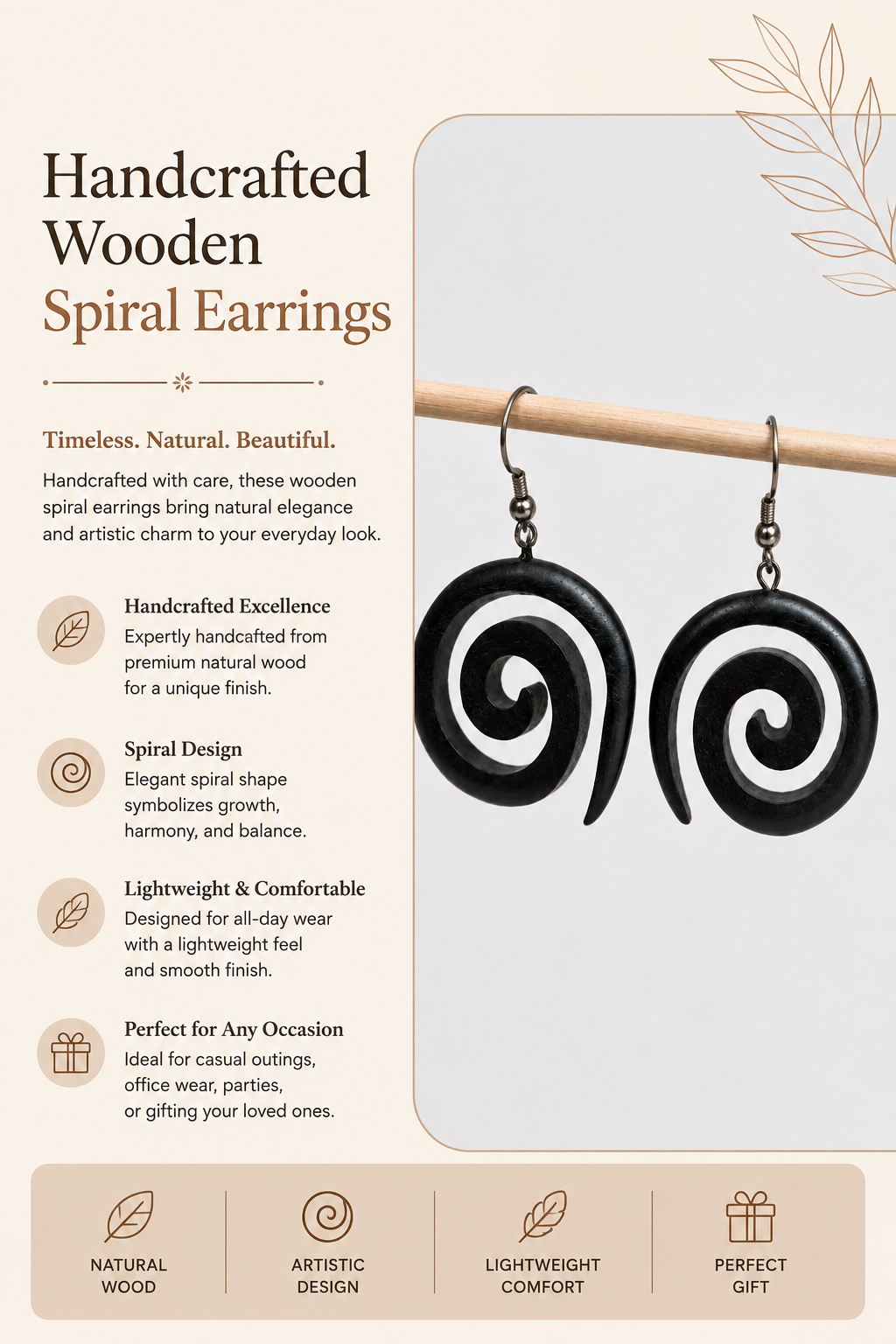 Handcrafted Wooden Spiral Earrings 🖤🌿