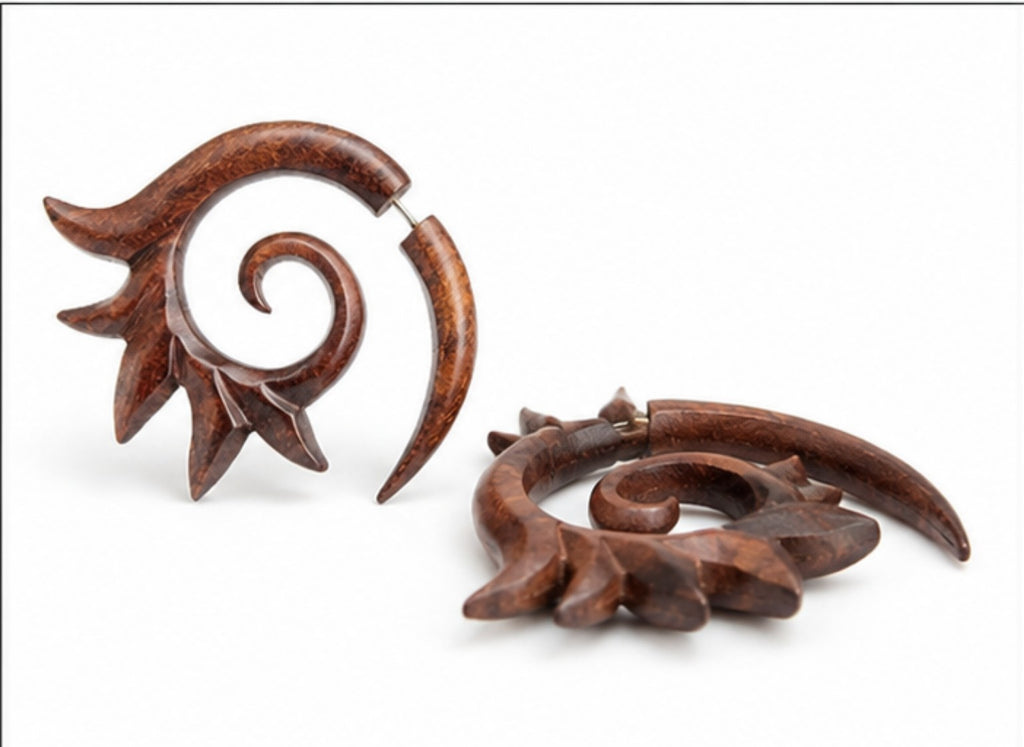 Handcrafted Wooden Sun Spiral Ear Gauge Earrings