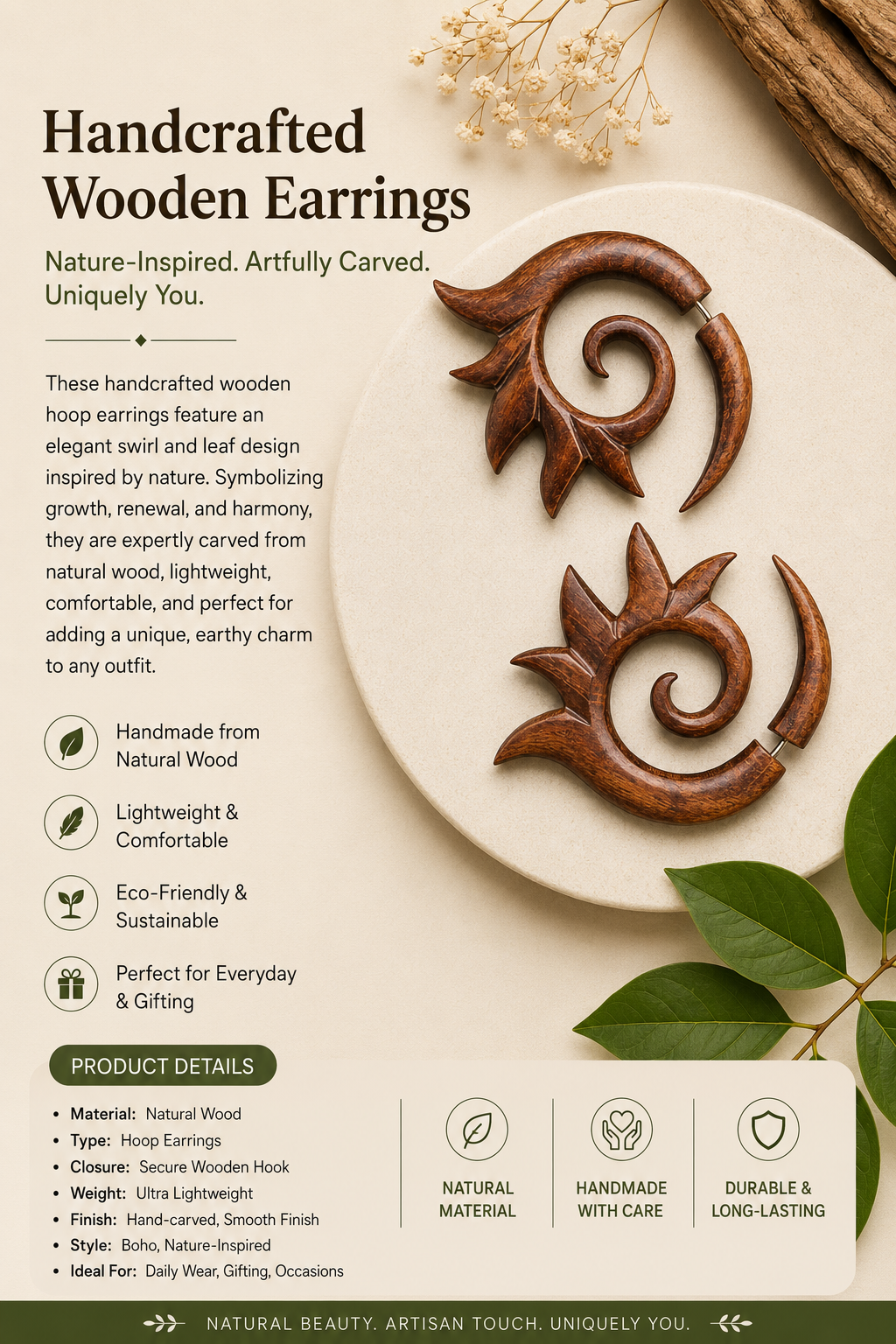 Handcrafted Wooden Sun Spiral Ear Gauge Earrings