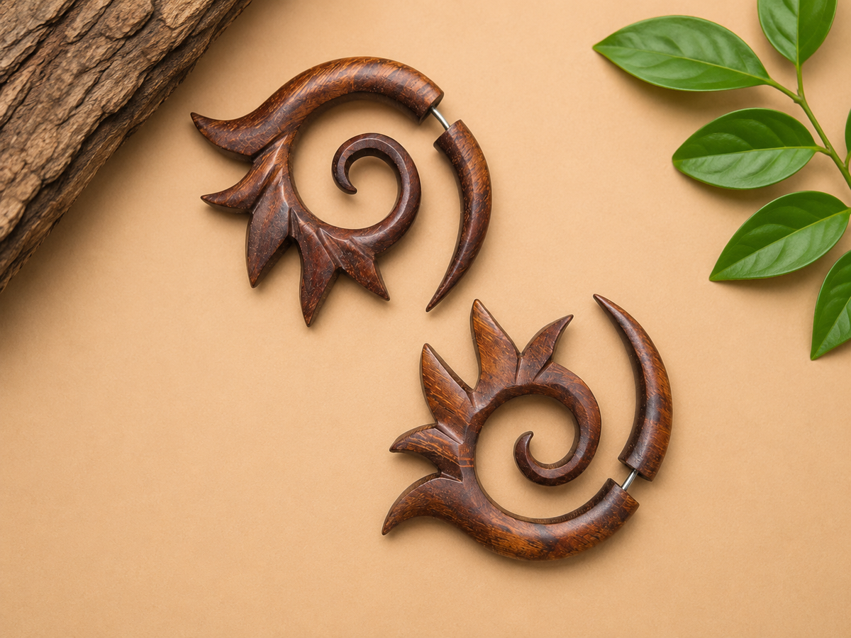 Handcrafted Wooden Sun Spiral Ear Gauge Earrings