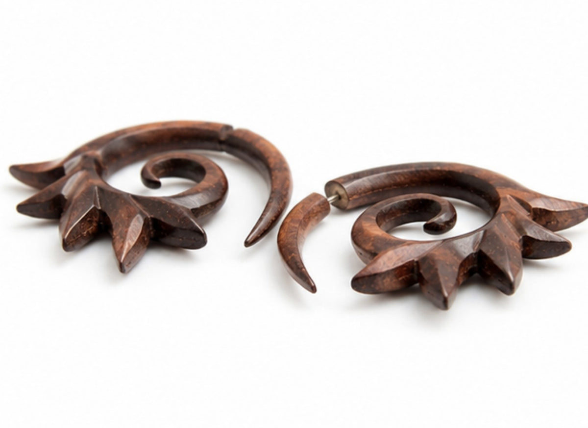 Handcrafted Wooden Sun Spiral Ear Gauge Earrings