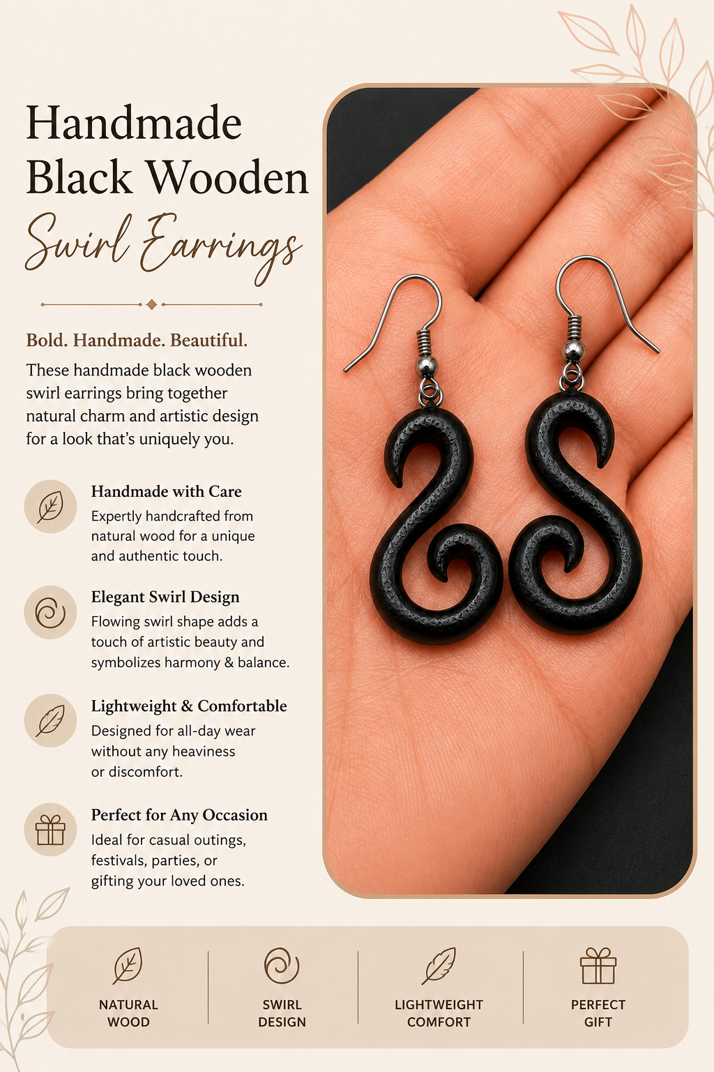 Handmade Black Wooden Swirl Earrings