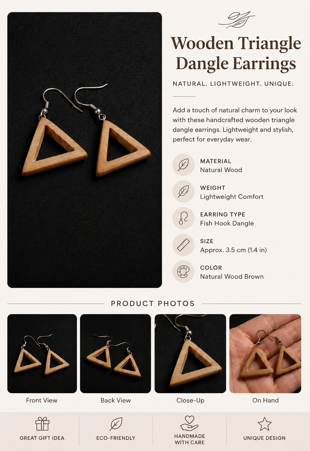 Wooden Triangle Drop Earrings