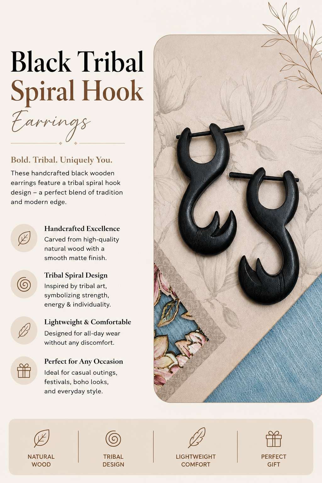 Black Tribal Spiral Hook Earrings