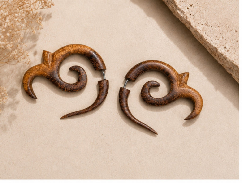 Handcrafted Wooden Tribal Spiral Ear Gauge Earrings