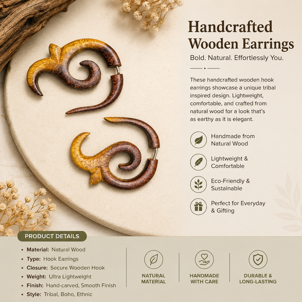 Handcrafted Wooden Tribal Spiral Ear Gauge Earrings