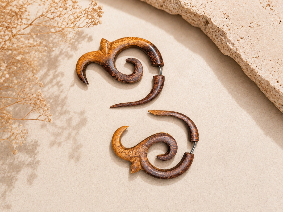 Handcrafted Wooden Tribal Spiral Ear Gauge Earrings