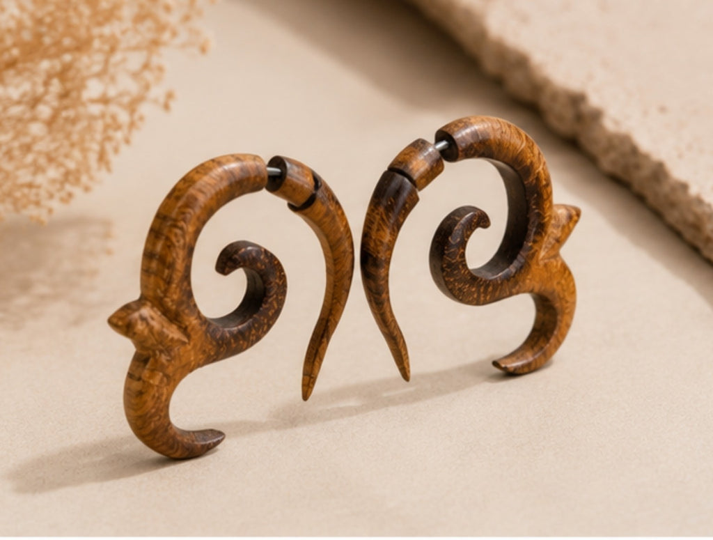 Handcrafted Wooden Tribal Spiral Ear Gauge Earrings