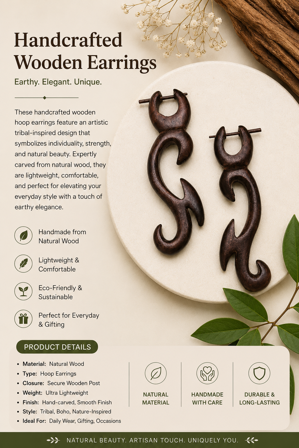 Handcrafted Wooden Tribal Flame Ear Gauge Earrings