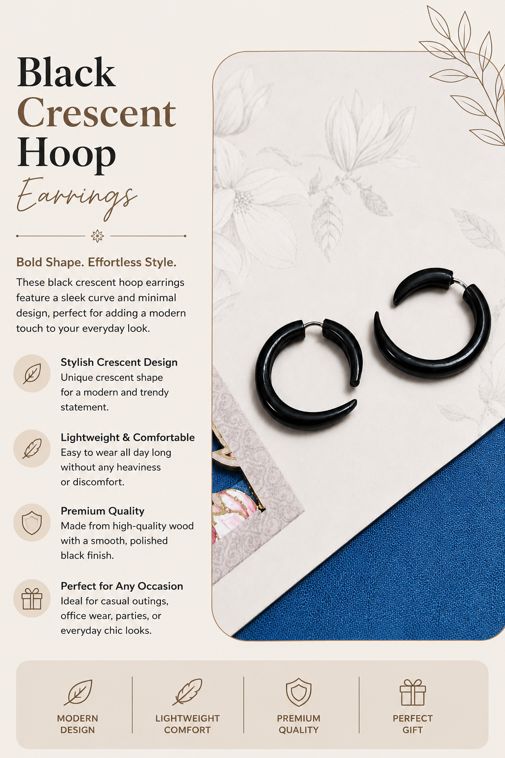 Black Crescent Hoop Earrings