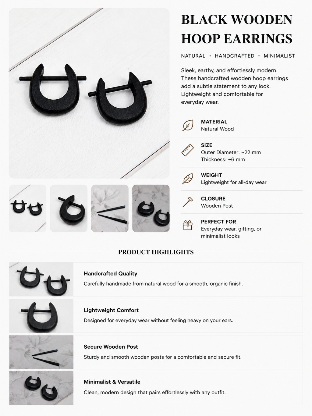 Black & Natural Wooden Earrings – 4-Piece Combo 🖤🤎