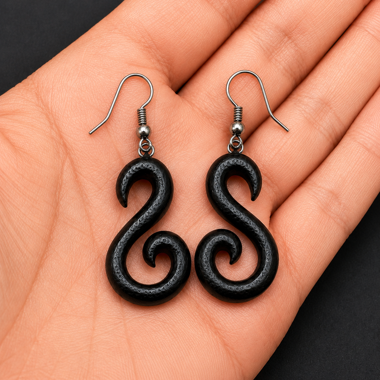 Handmade Black Wooden Swirl Earrings