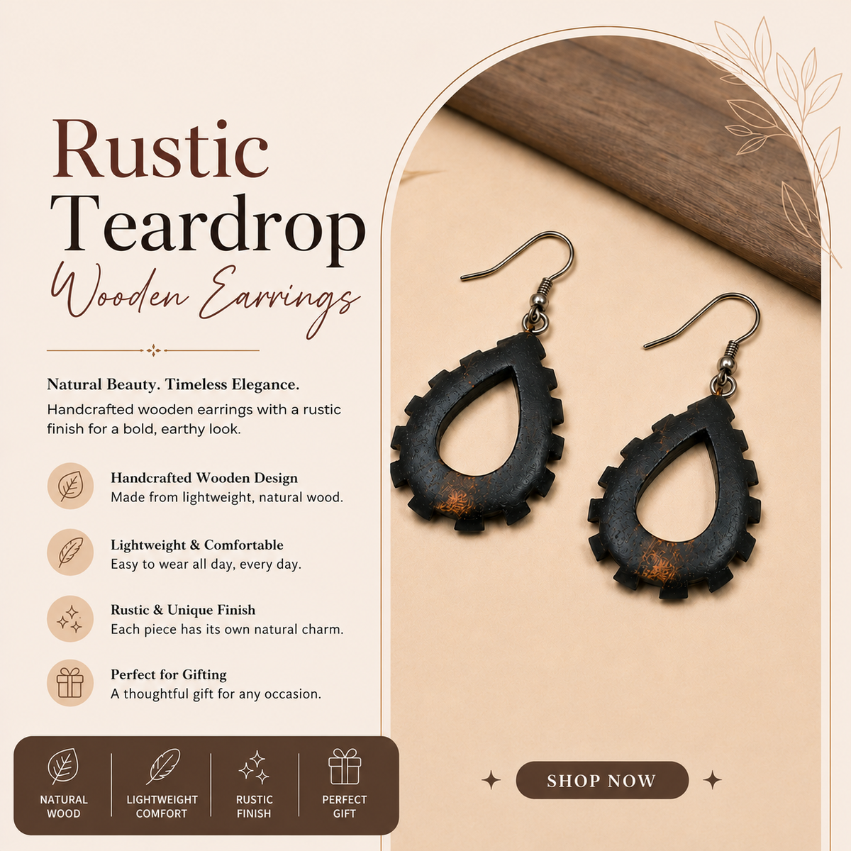 Rustic Teardrop Wooden Earrings – Handcrafted Natural Jewelry