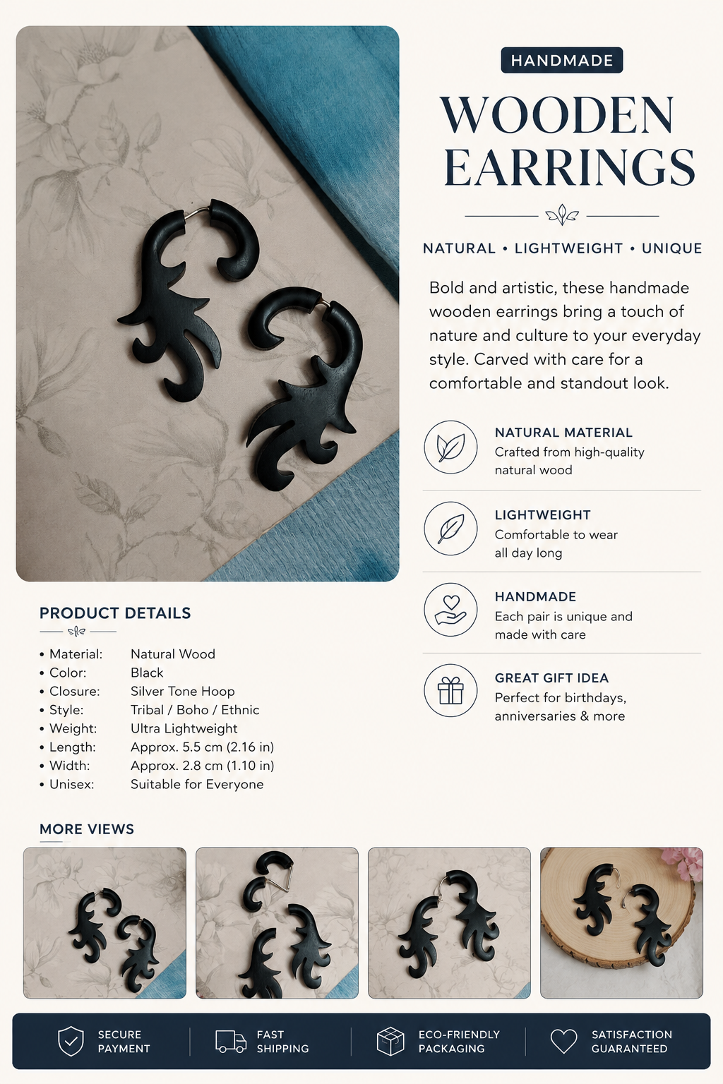 Midnight Tribal Wooden Ear Hangers | Handmade Black Gauged Earrings