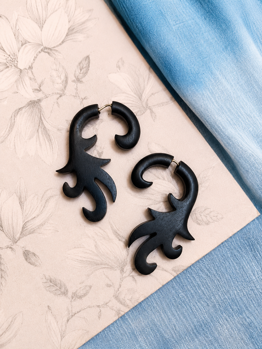 Midnight Tribal Wooden Ear Hangers | Handmade Black Gauged Earrings