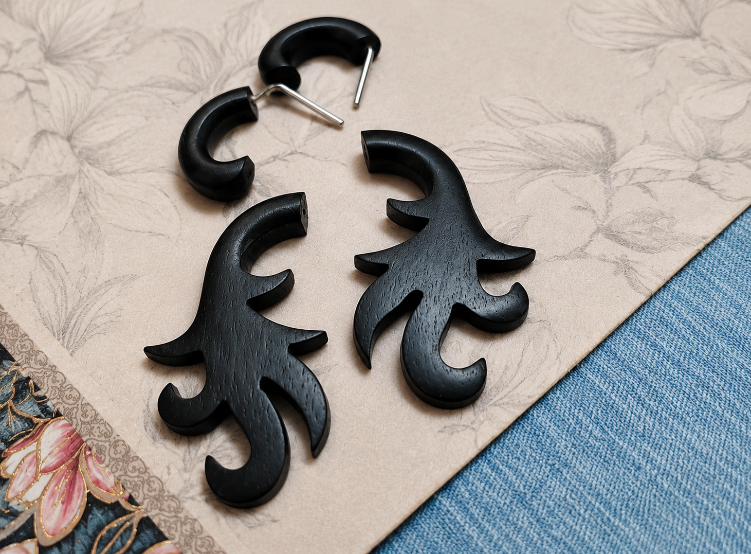 Midnight Tribal Wooden Ear Hangers | Handmade Black Gauged Earrings