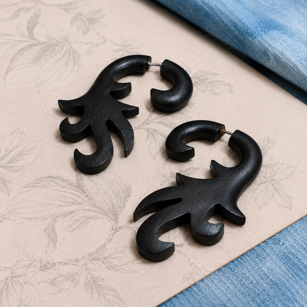 Midnight Tribal Wooden Ear Hangers | Handmade Black Gauged Earrings